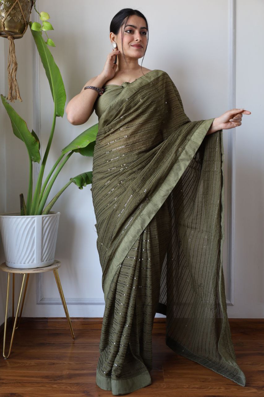 Teeya Creation Mahendi Color Georgette Fabric Heavy Embroidery Work Saree