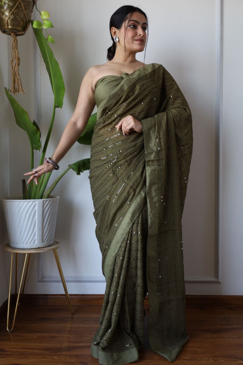 Teeya Creation Mahendi Color Georgette Fabric Heavy Embroidery Work Saree