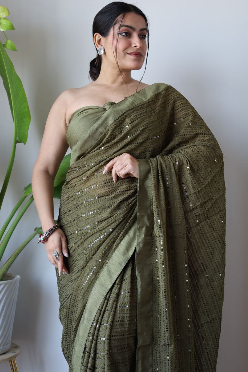 Teeya Creation Mahendi Color Georgette Fabric Heavy Embroidery Work Saree
