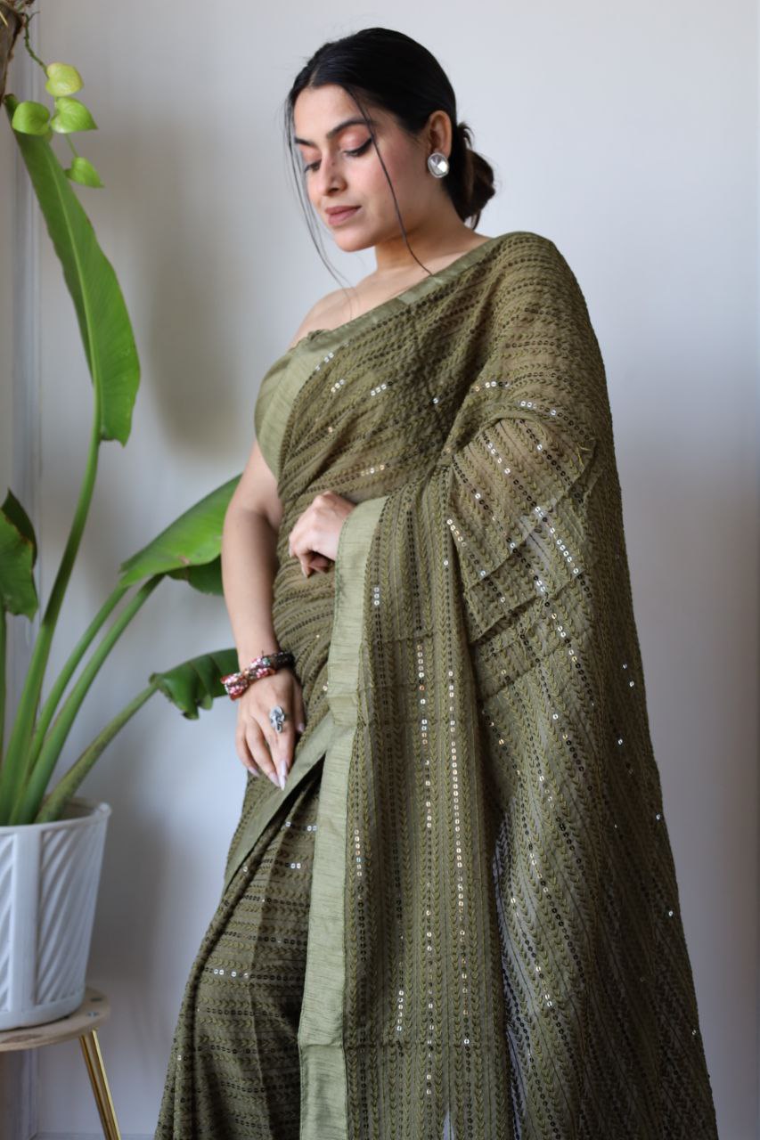 Teeya Creation Mahendi Color Georgette Fabric Heavy Embroidery Work Saree