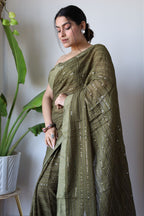 Teeya Creation Mahendi Color Georgette Fabric Heavy Embroidery Work Saree