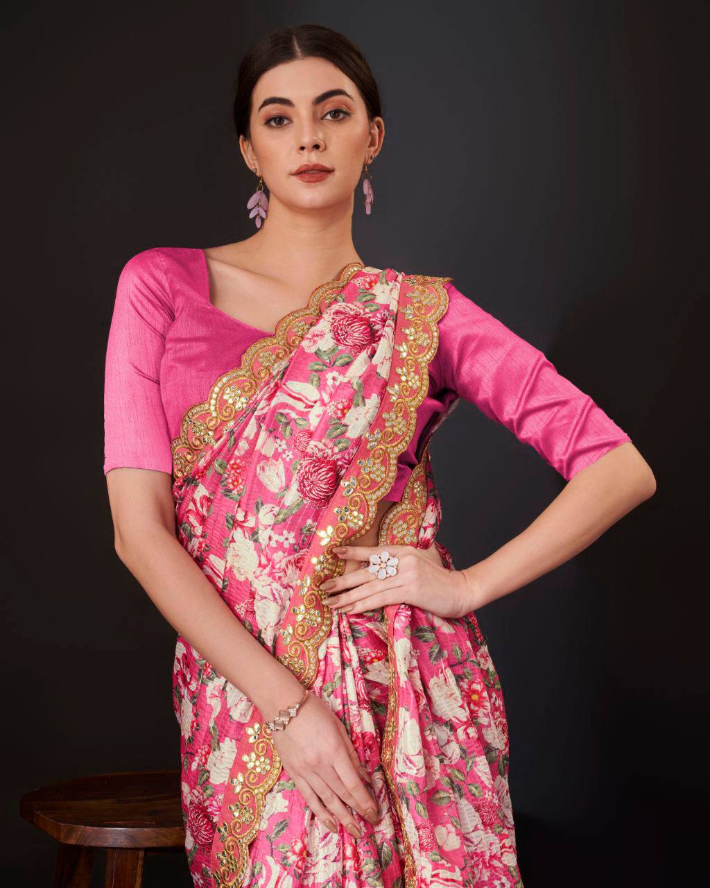 Teeya Creation Pink Color Vichitra Silk Digital Print With Embroidery Work Saree