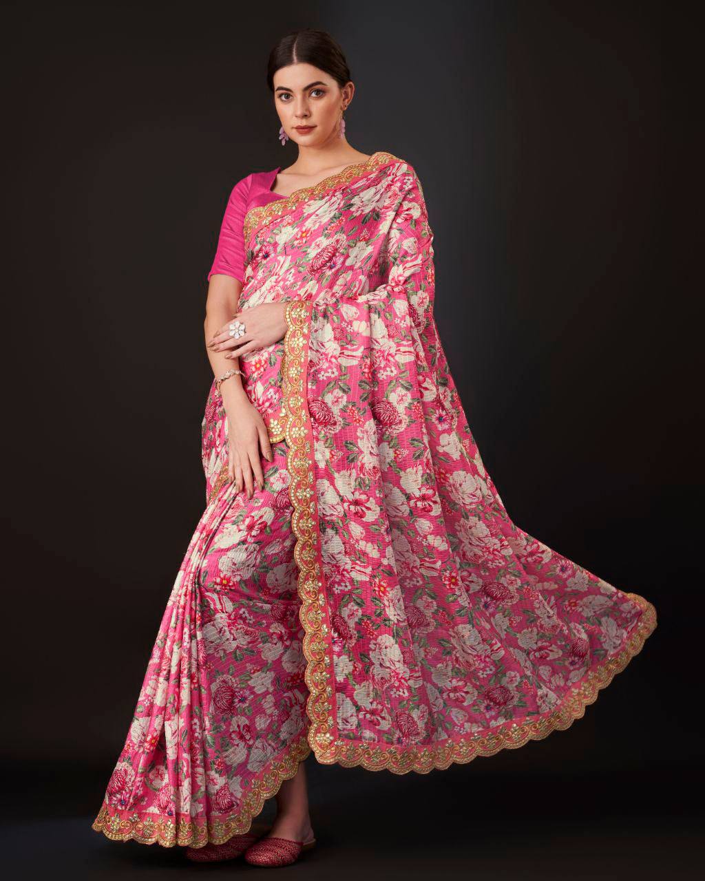 Teeya Creation Pink Color Vichitra Silk Digital Print With Embroidery Work Saree