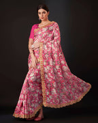 Teeya Creation Pink Color Vichitra Silk Digital Print With Embroidery Work Saree