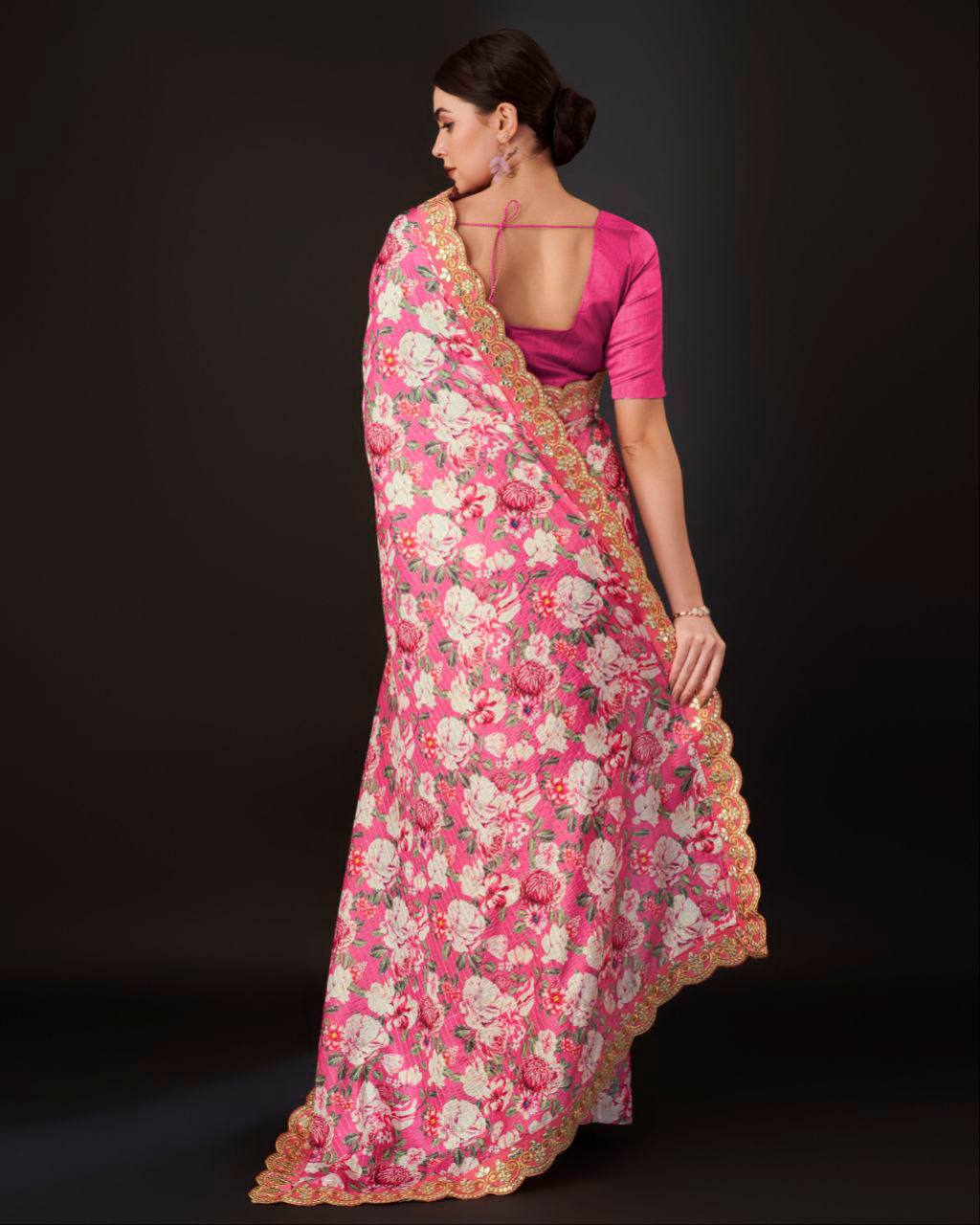 Teeya Creation Pink Color Vichitra Silk Digital Print With Embroidery Work Saree