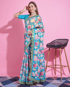 Teeya Creation Sky Blue Color Vichitra Silk Digital Print With Embroidery Work Saree
