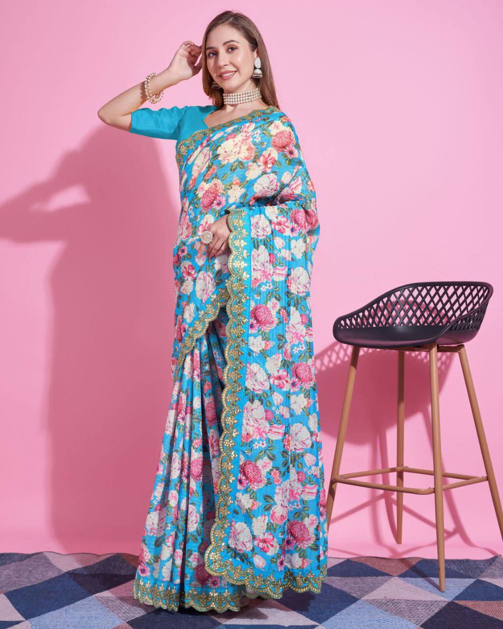 Teeya Creation Sky Blue Color Vichitra Silk Digital Print With Embroidery Work Saree