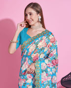 Teeya Creation Sky Blue Color Vichitra Silk Digital Print With Embroidery Work Saree
