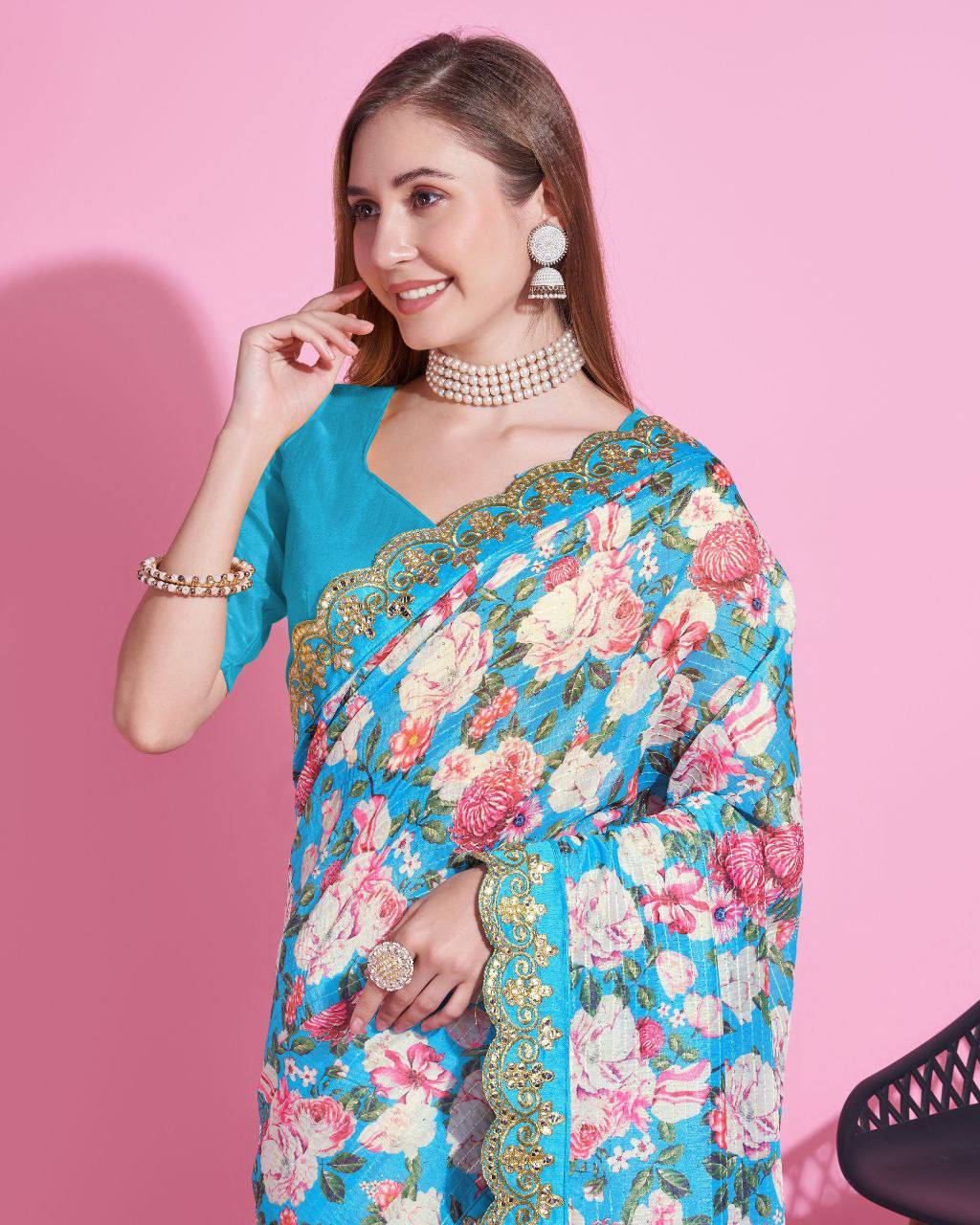 Teeya Creation Sky Blue Color Vichitra Silk Digital Print With Embroidery Work Saree