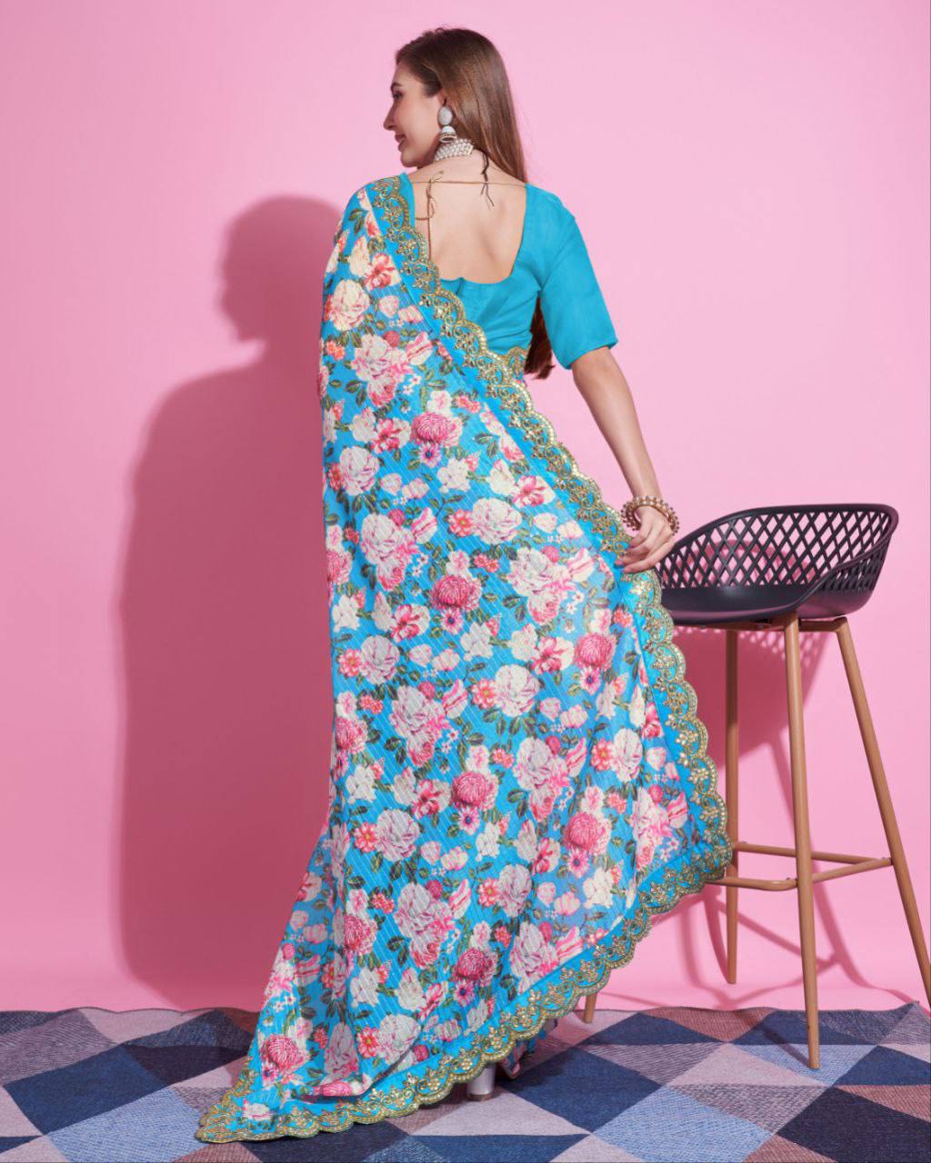 Teeya Creation Sky Blue Color Vichitra Silk Digital Print With Embroidery Work Saree