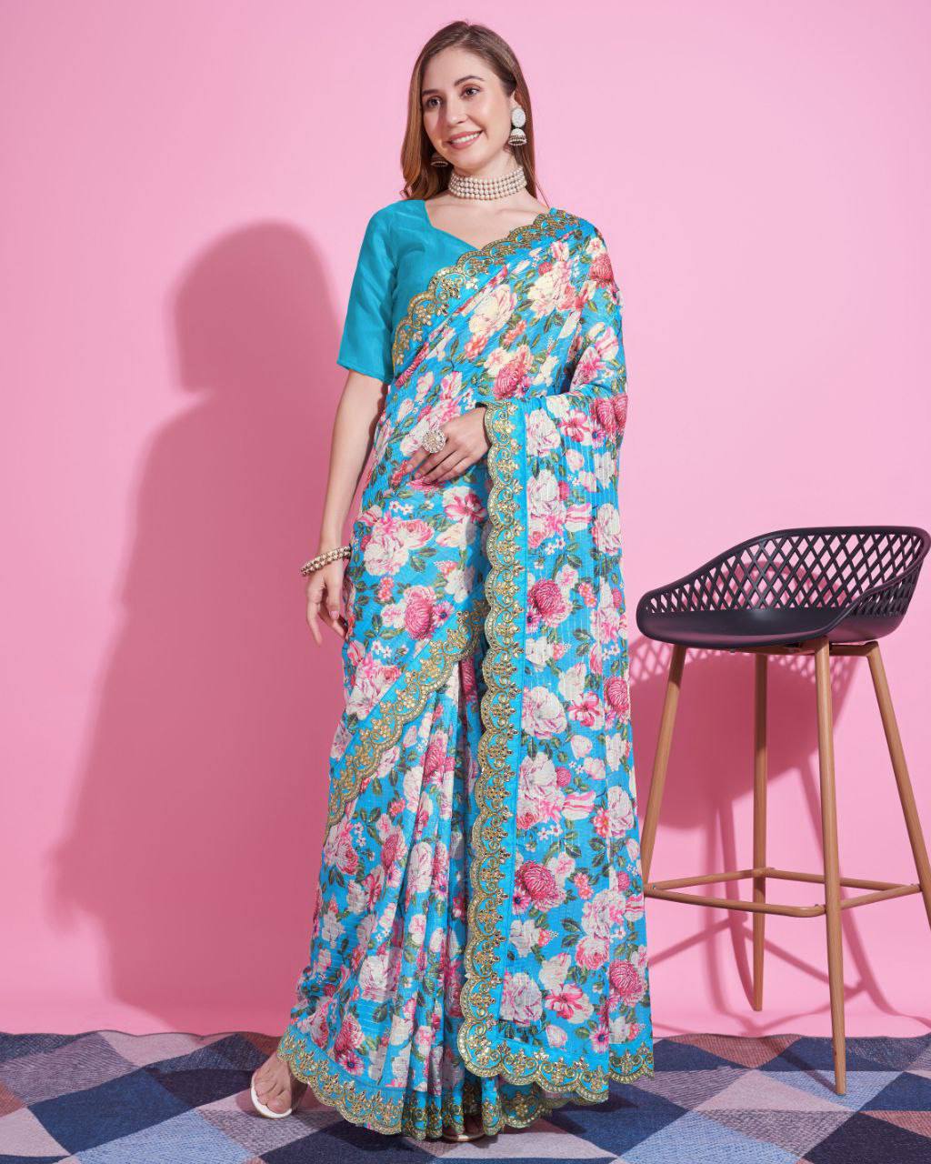 Teeya Creation Sky Blue Color Vichitra Silk Digital Print With Embroidery Work Saree