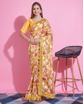 Teeya Creation Yellow Color Vichitra Silk Digital Print With Embroidery Work Saree