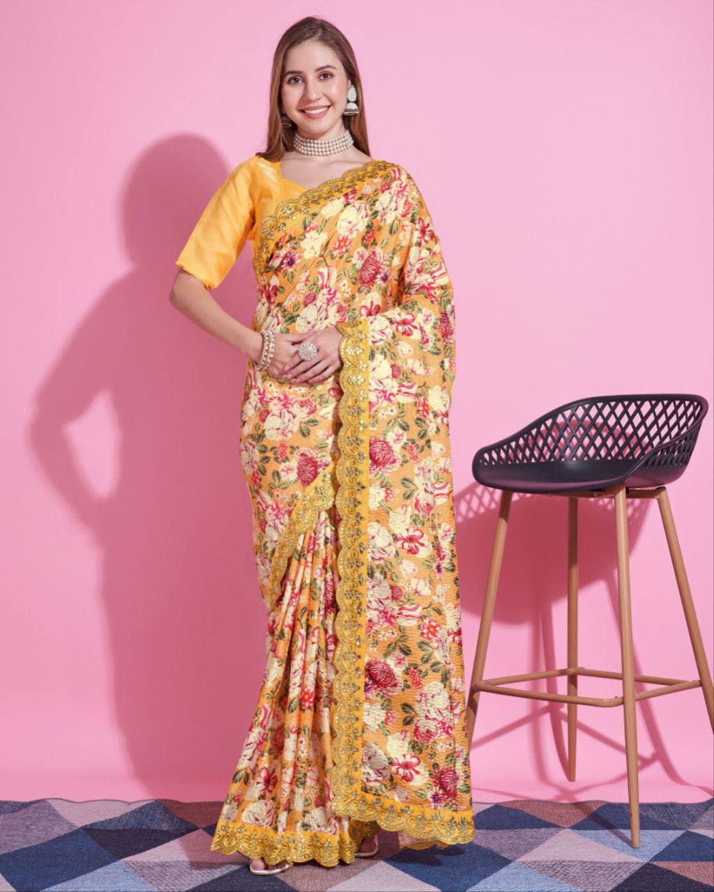 Teeya Creation Yellow Color Vichitra Silk Digital Print With Embroidery Work Saree