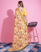 Teeya Creation Yellow Color Vichitra Silk Digital Print With Embroidery Work Saree