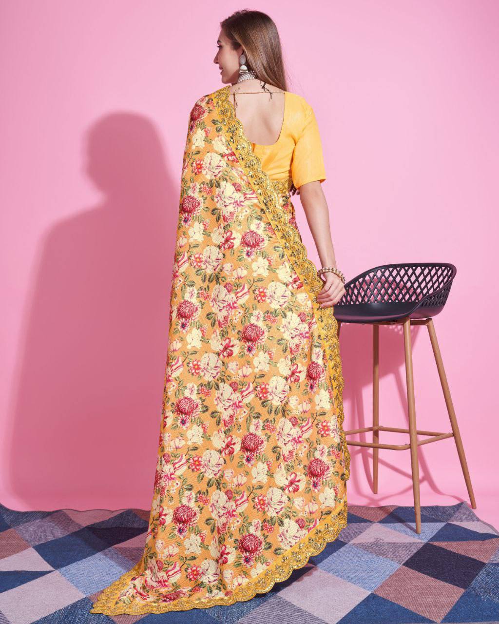 Teeya Creation Yellow Color Vichitra Silk Digital Print With Embroidery Work Saree