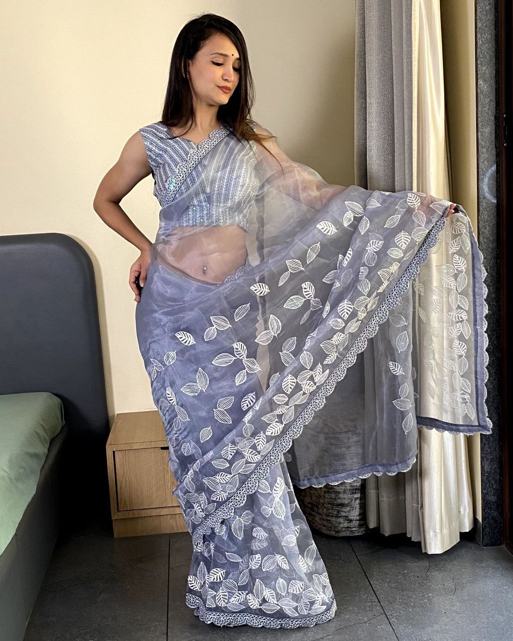 Teeya Creation Light lavender Color organza silk embroidery work saree