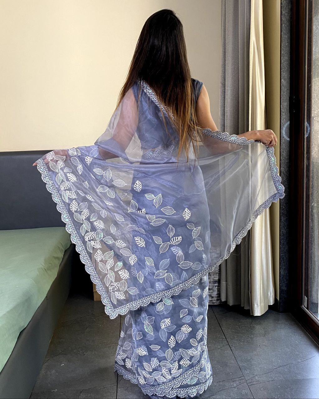 Teeya Creation Light lavender Color organza silk embroidery work saree
