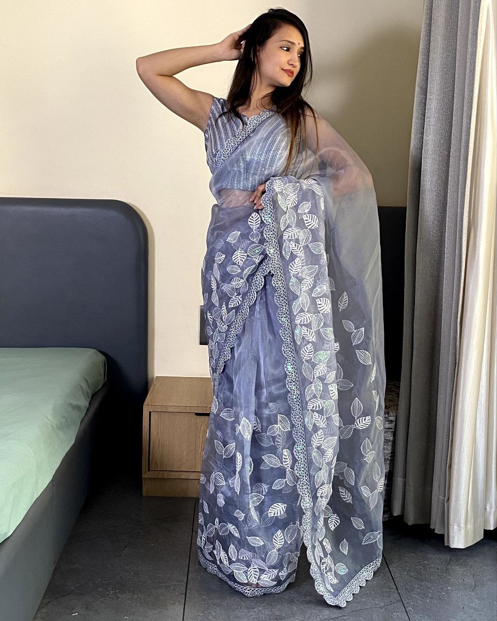 Teeya Creation Light lavender Color organza silk embroidery work saree