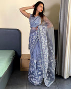 Teeya Creation Light lavender Color organza silk embroidery work saree