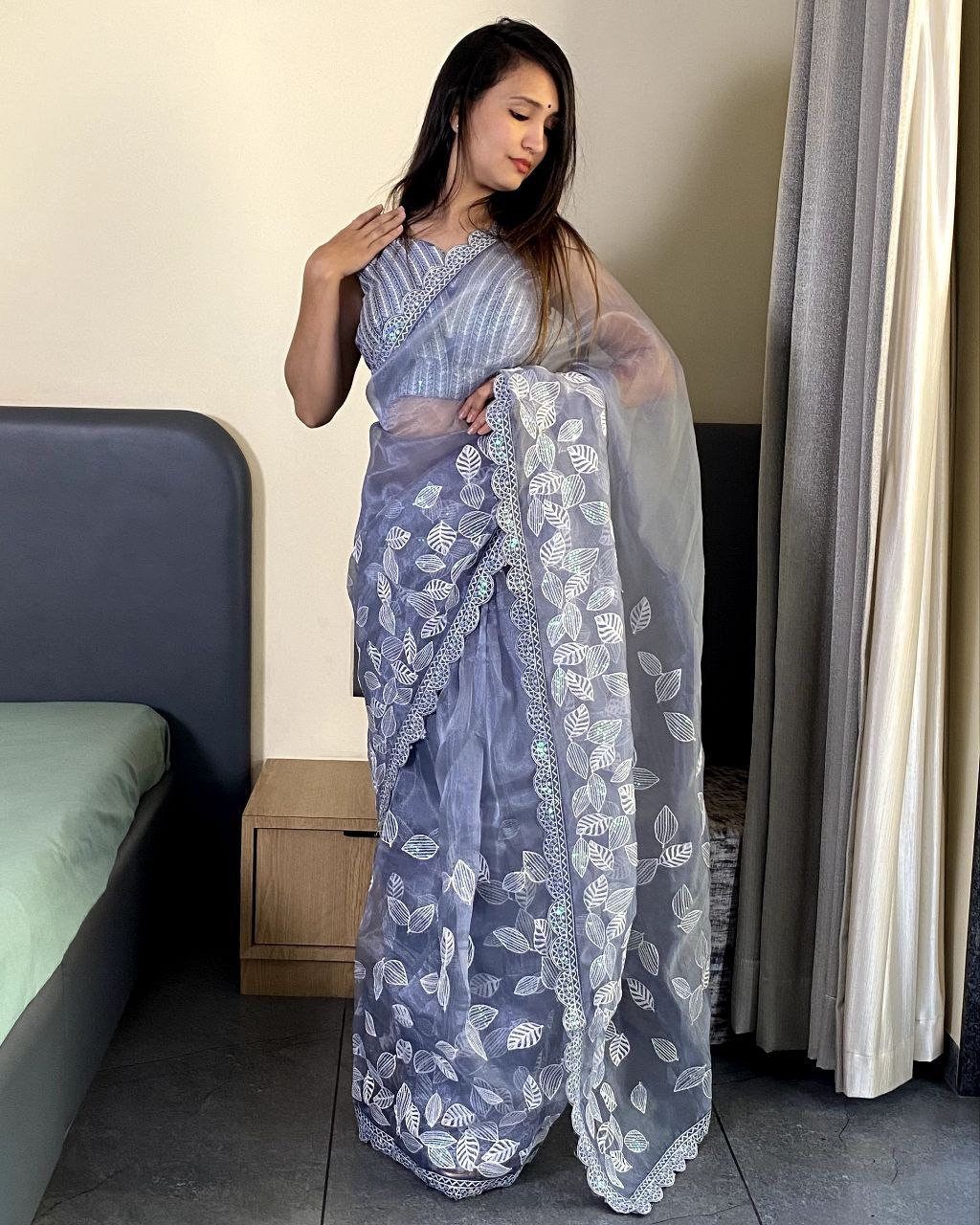 Teeya Creation Light lavender Color organza silk embroidery work saree