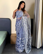 Teeya Creation Light lavender Color organza silk embroidery work saree