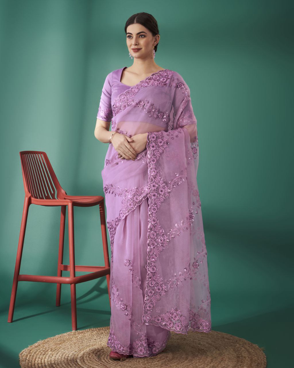 Teeya Creation Pink Color Organza Silk Heavy Sequence And Embroidery Work Saree