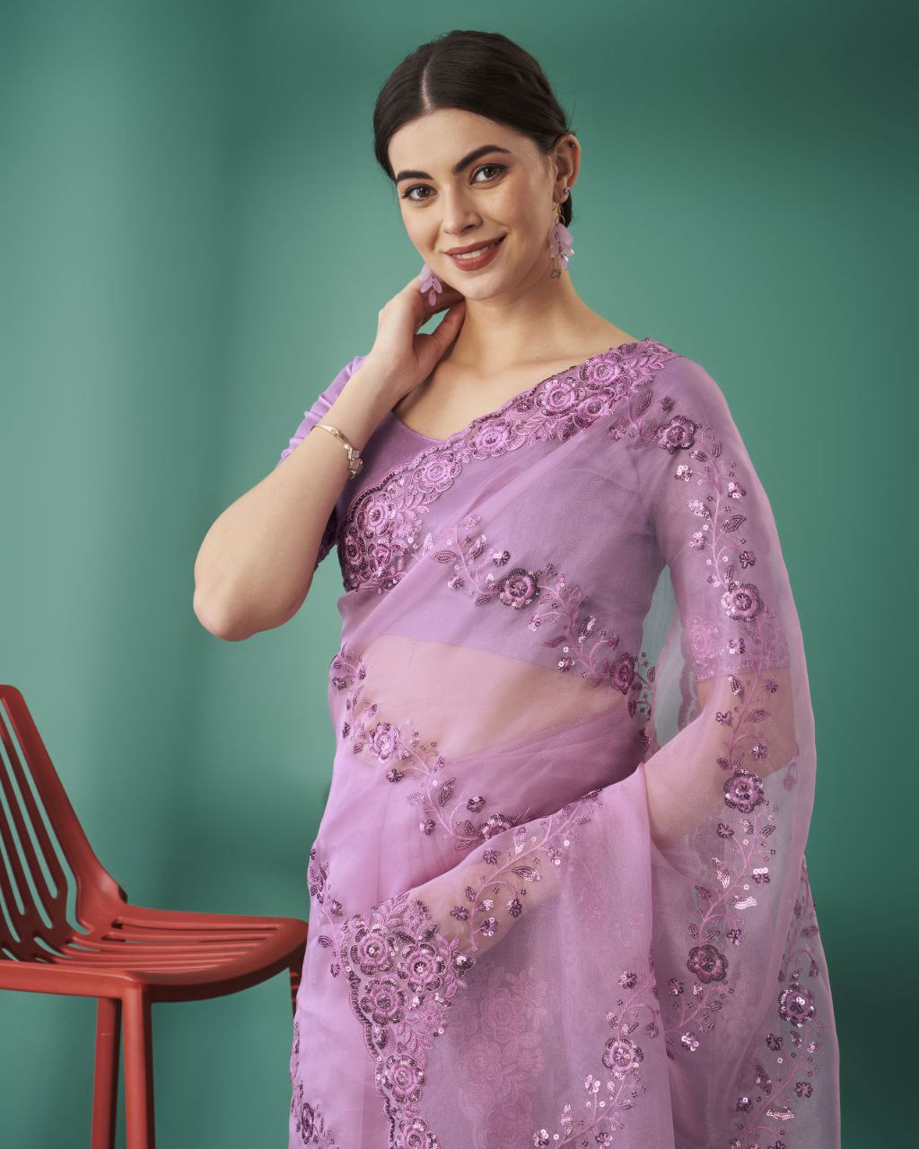 Teeya Creation Pink Color Organza Silk Heavy Sequence And Embroidery Work Saree