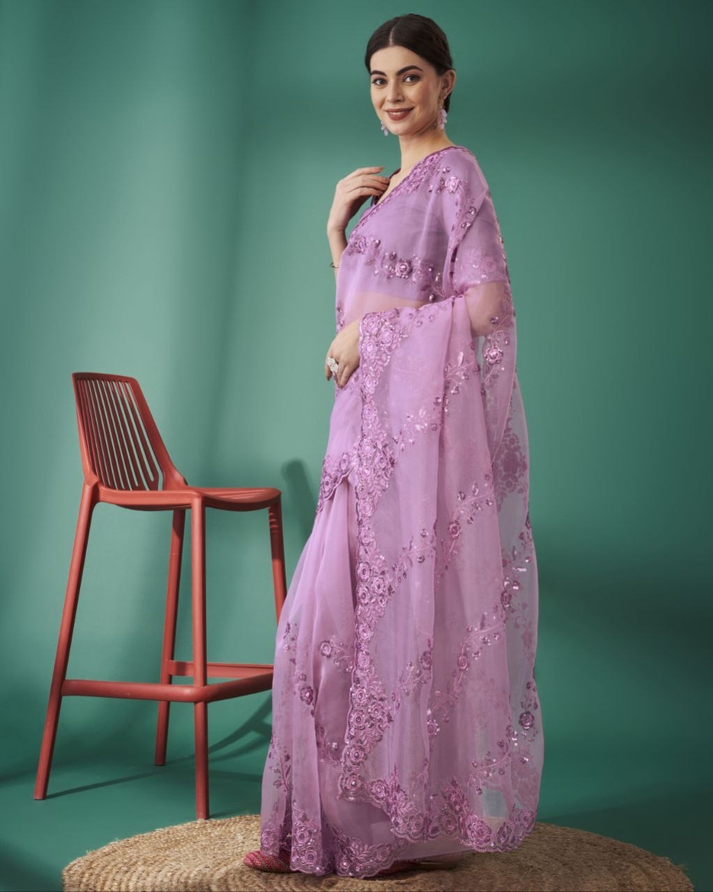 Teeya Creation Pink Color Organza Silk Heavy Sequence And Embroidery Work Saree