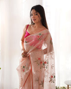 Teeya Creation Peach Color Khadi Organza Silk Embroidery Work Saree