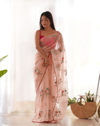Teeya Creation Peach Color Khadi Organza Silk Embroidery Work Saree