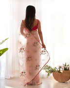 Teeya Creation Peach Color Khadi Organza Silk Embroidery Work Saree