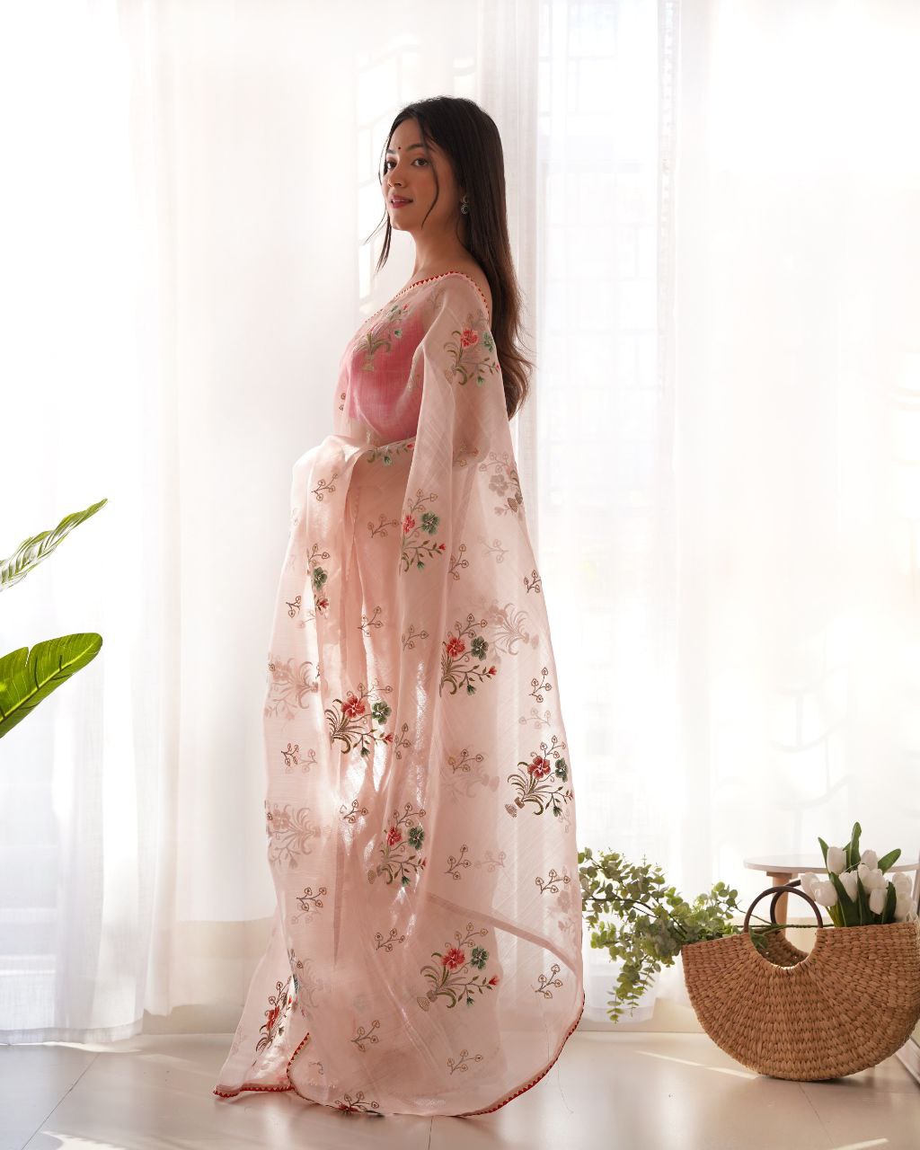 Teeya Creation Peach Color Khadi Organza Silk Embroidery Work Saree