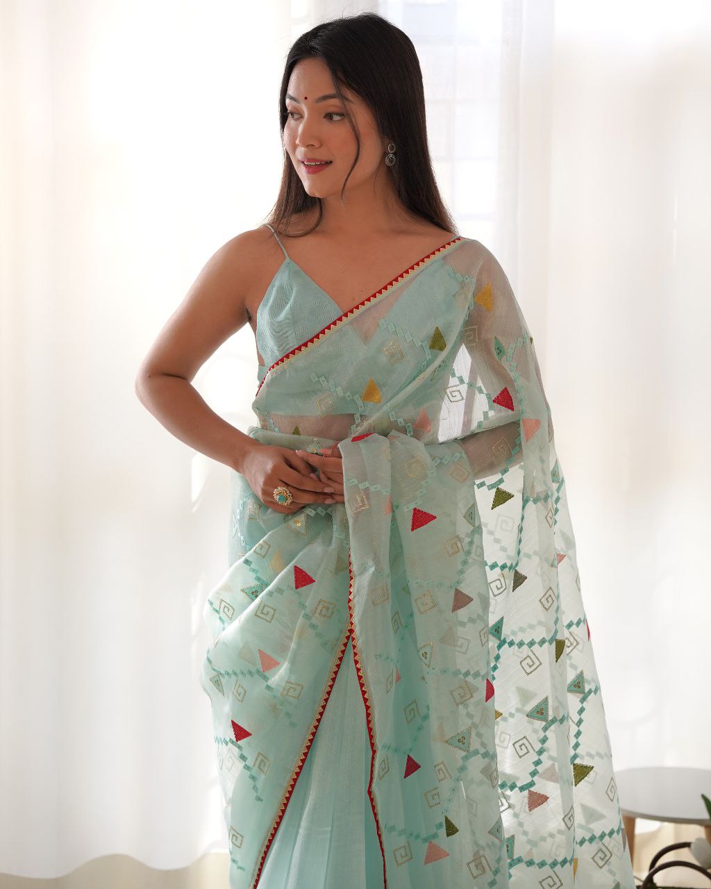 Teeya Creation Sky Blue Color Khadi Organza Silk Embroidery Work Saree