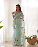 Teeya Creation Sky Blue Color Khadi Organza Silk Embroidery Work Saree