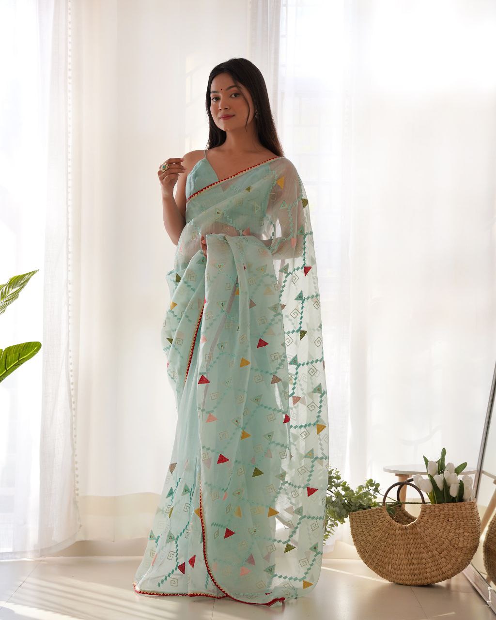 Teeya Creation Sky Blue Color Khadi Organza Silk Embroidery Work Saree