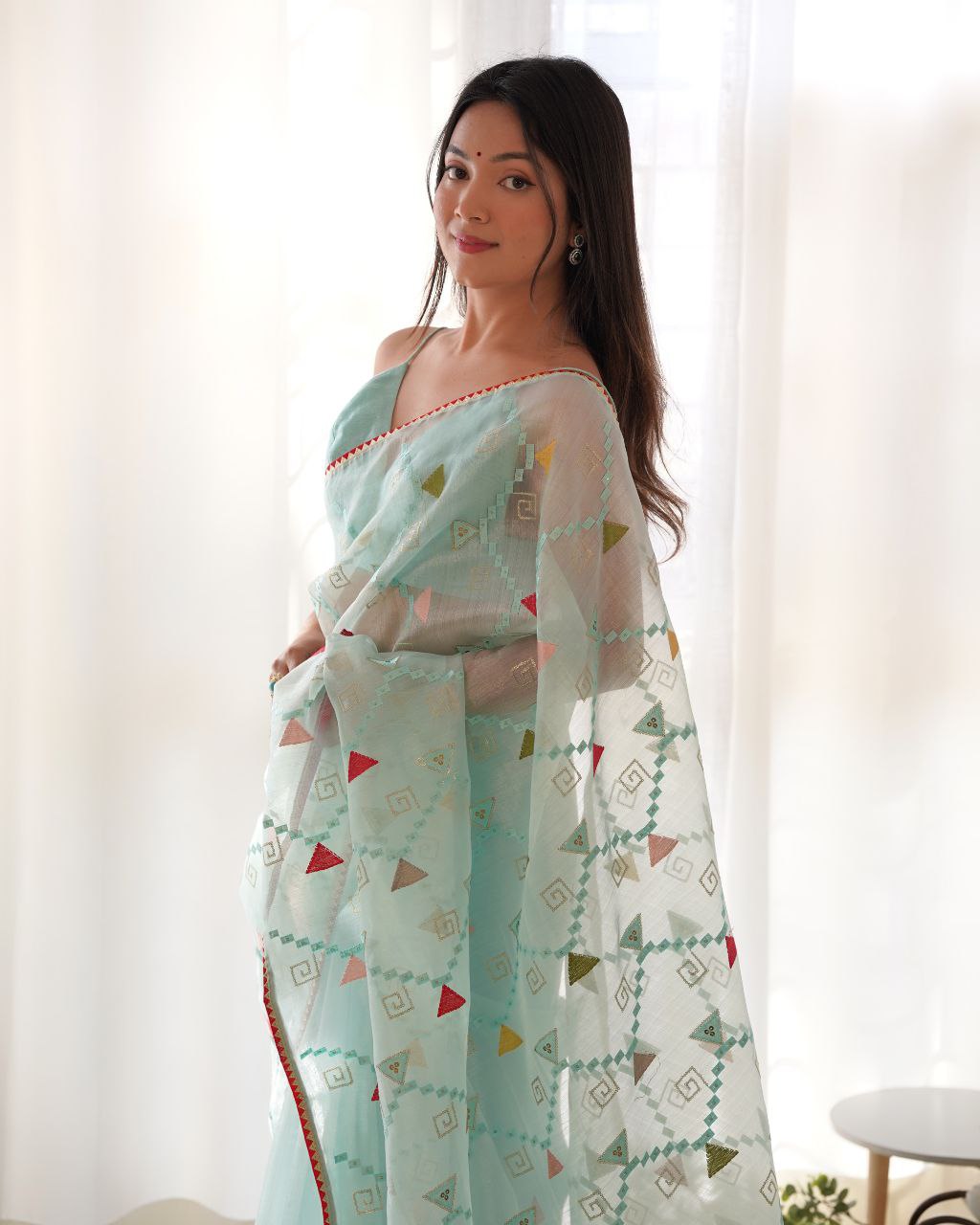 Teeya Creation Sky Blue Color Khadi Organza Silk Embroidery Work Saree