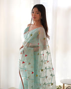 Teeya Creation Sky Blue Color Khadi Organza Silk Embroidery Work Saree