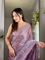 Teeya Creation Lavender Color Zimichhu Silk Heavy Sequence embroidery Work Saree