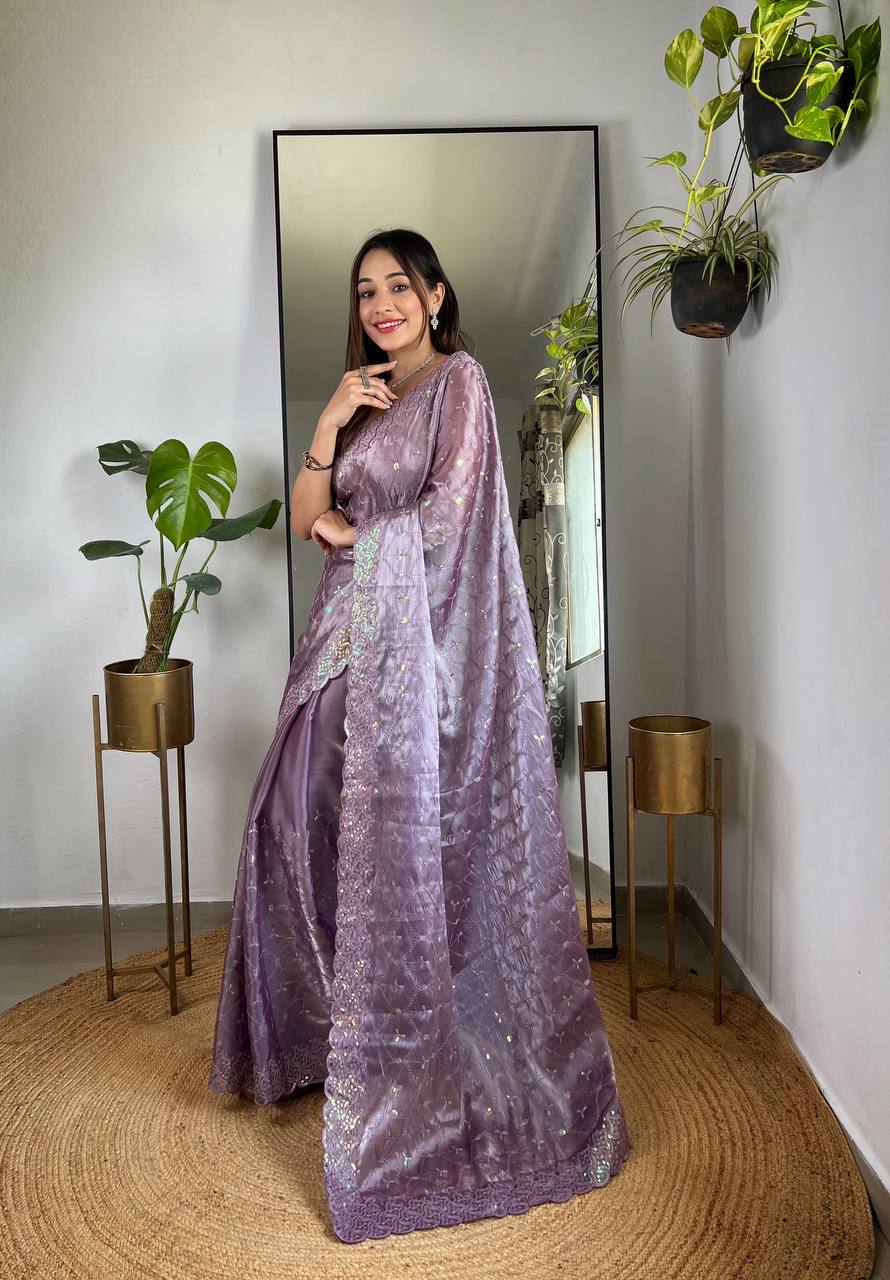 Teeya Creation Lavender Color Zimichhu Silk Heavy Sequence embroidery Work Saree