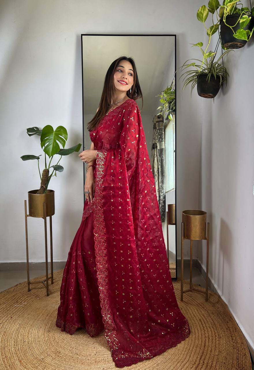 Teeya Creation Maroon Color Zimichhu Silk Heavy Sequence embroidery Work Saree