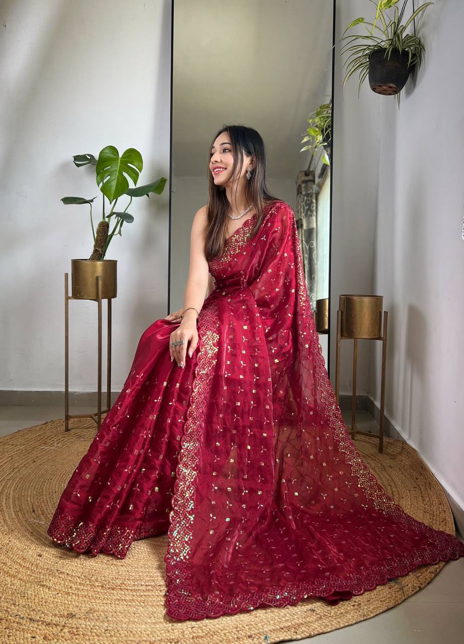 Teeya Creation Maroon Color Zimichhu Silk Heavy Sequence embroidery Work Saree