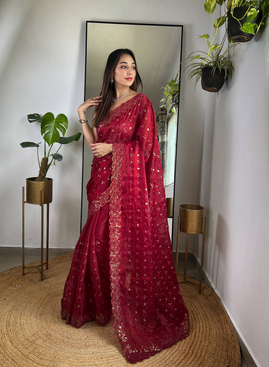 Teeya Creation Maroon Color Zimichhu Silk Heavy Sequence embroidery Work Saree