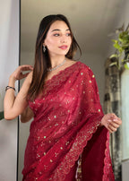 Teeya Creation Maroon Color Zimichhu Silk Heavy Sequence embroidery Work Saree