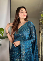 Teeya Creation More Peach Color Zimichhu Silk Heavy Sequence embroidery Work Saree