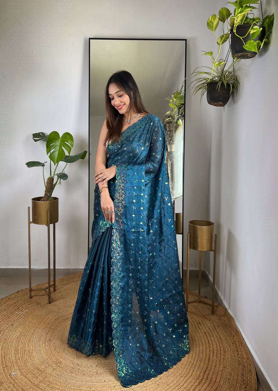 Teeya Creation More Peach Color Zimichhu Silk Heavy Sequence embroidery Work Saree