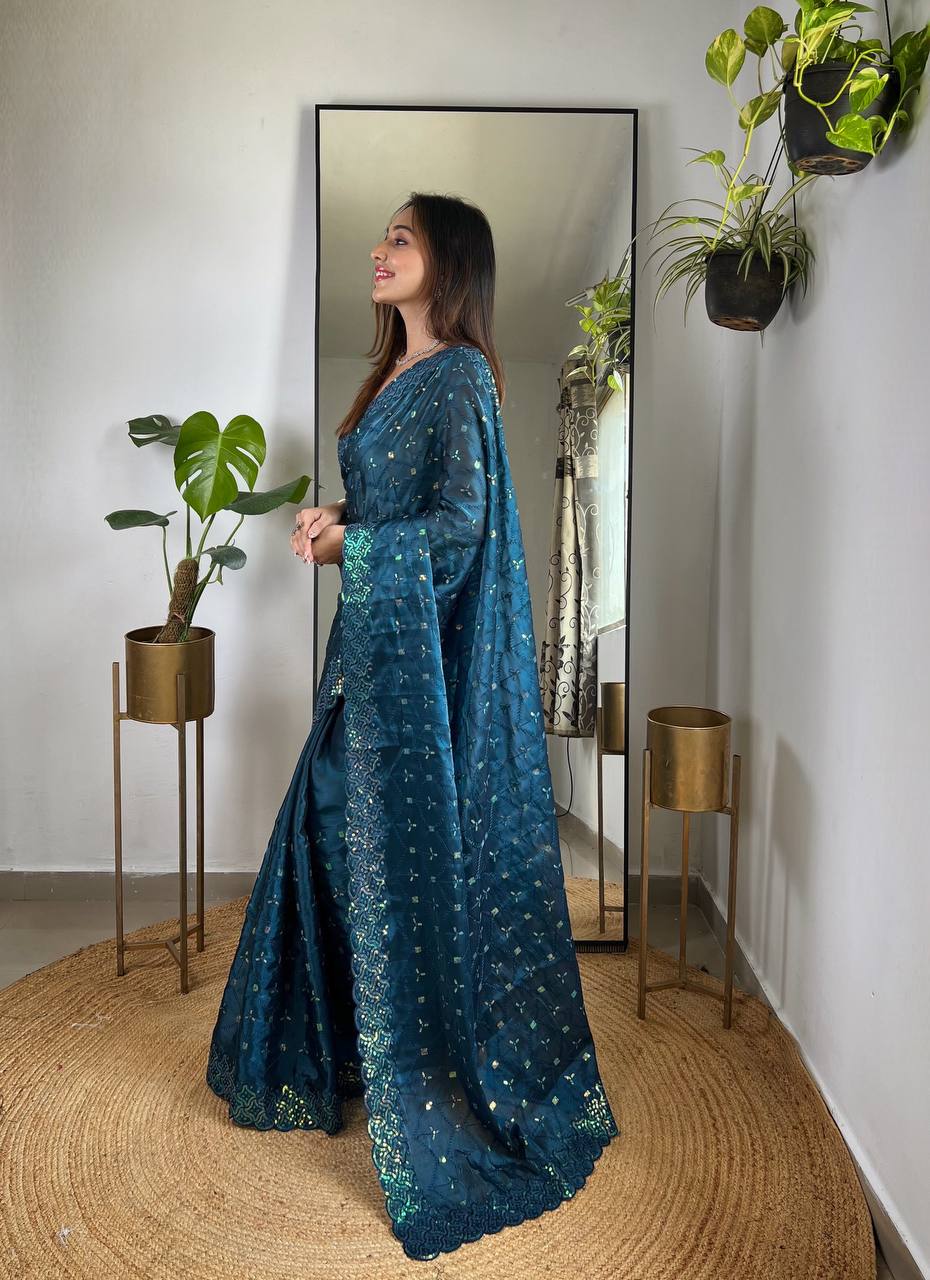 Teeya Creation More Peach Color Zimichhu Silk Heavy Sequence embroidery Work Saree