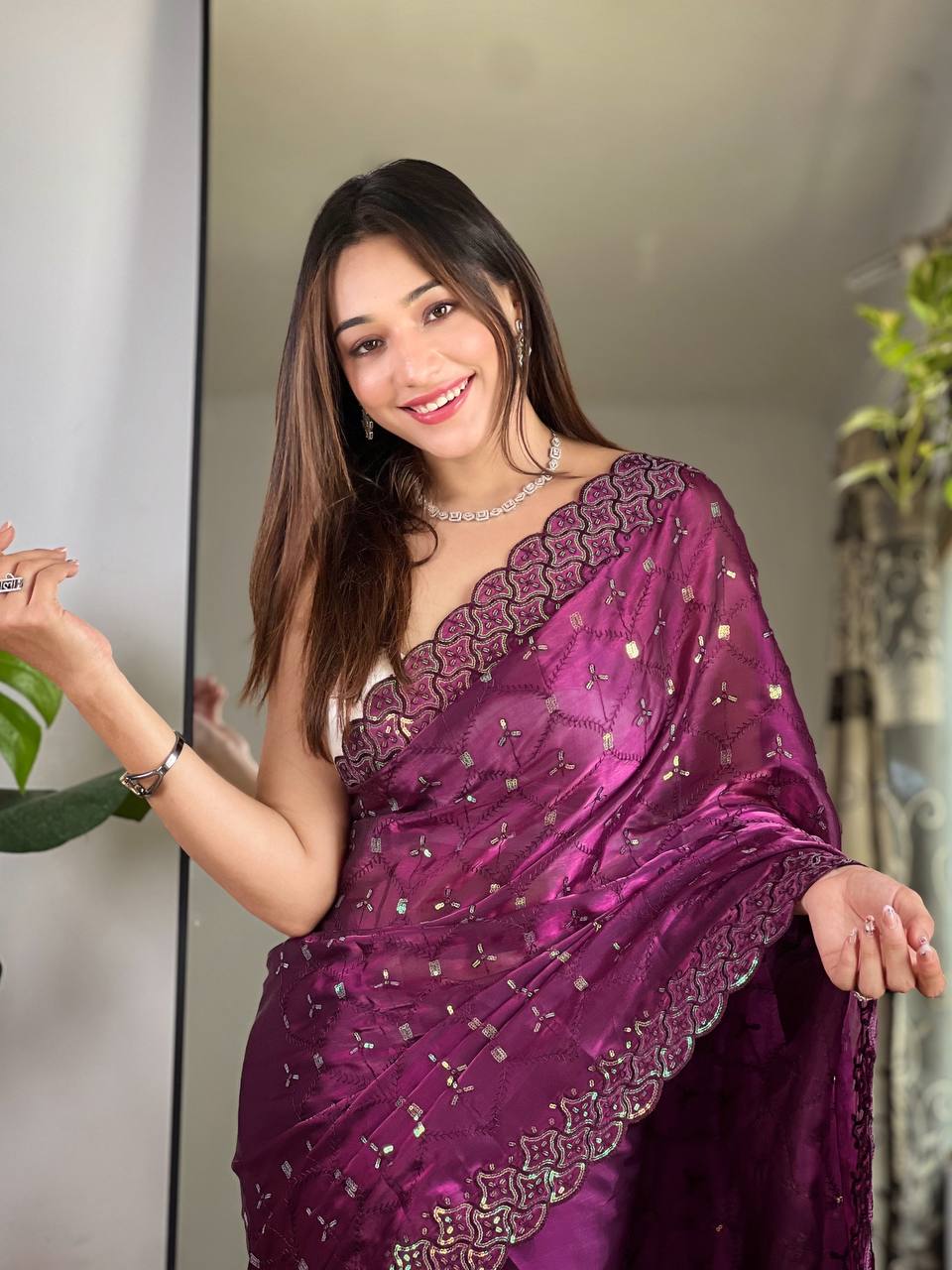 Teeya Creation Wine Color Zimichhu Silk Heavy Sequence embroidery Work Saree