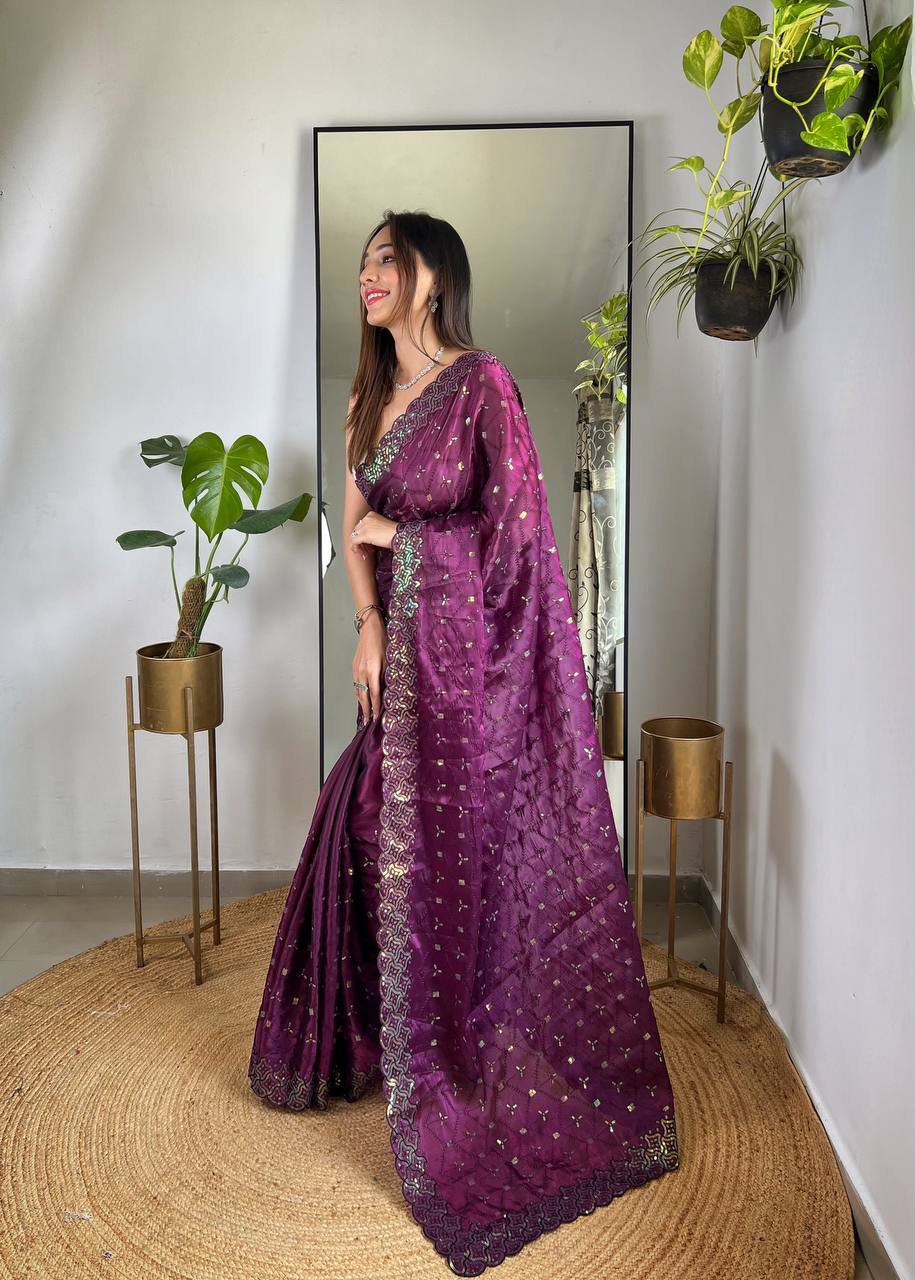 Teeya Creation Wine Color Zimichhu Silk Heavy Sequence embroidery Work Saree