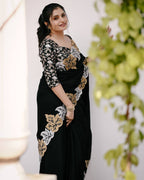 Teeya Creation Black Color Satin Chinon Silk Embroidery Work Saree