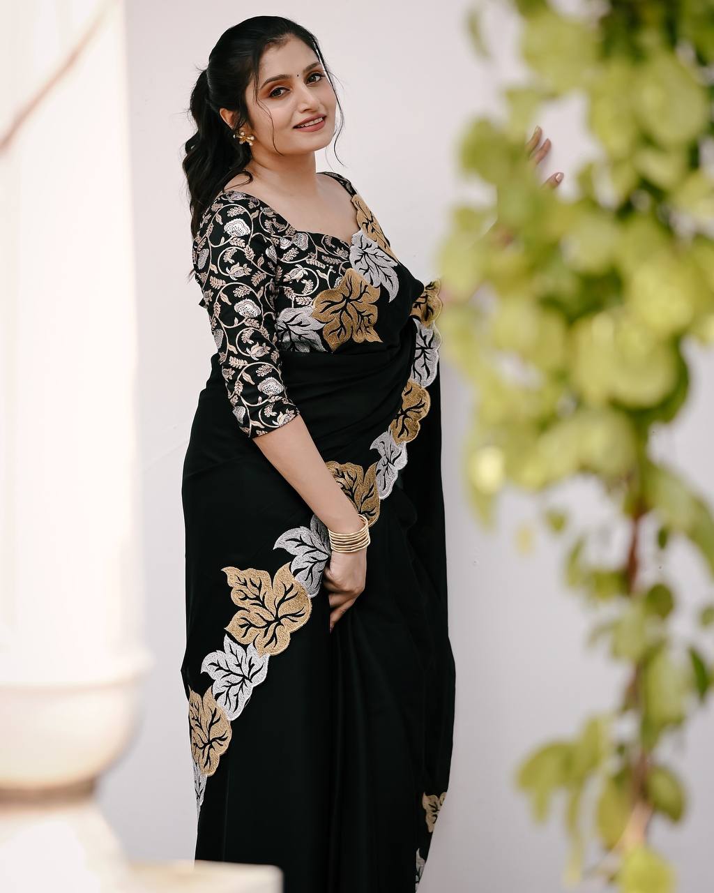 Teeya Creation Black Color Satin Chinon Silk Embroidery Work Saree